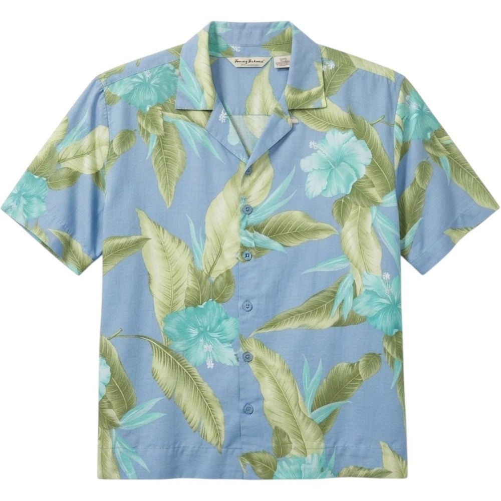 Tommy Bahama Silk Linen Tropical Floral Hibiscus Blue Camp Shirt Womens Large